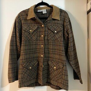 Vintage Plaid Wool Jacket Corduroy Collar Utility Shacket Brown Oversized